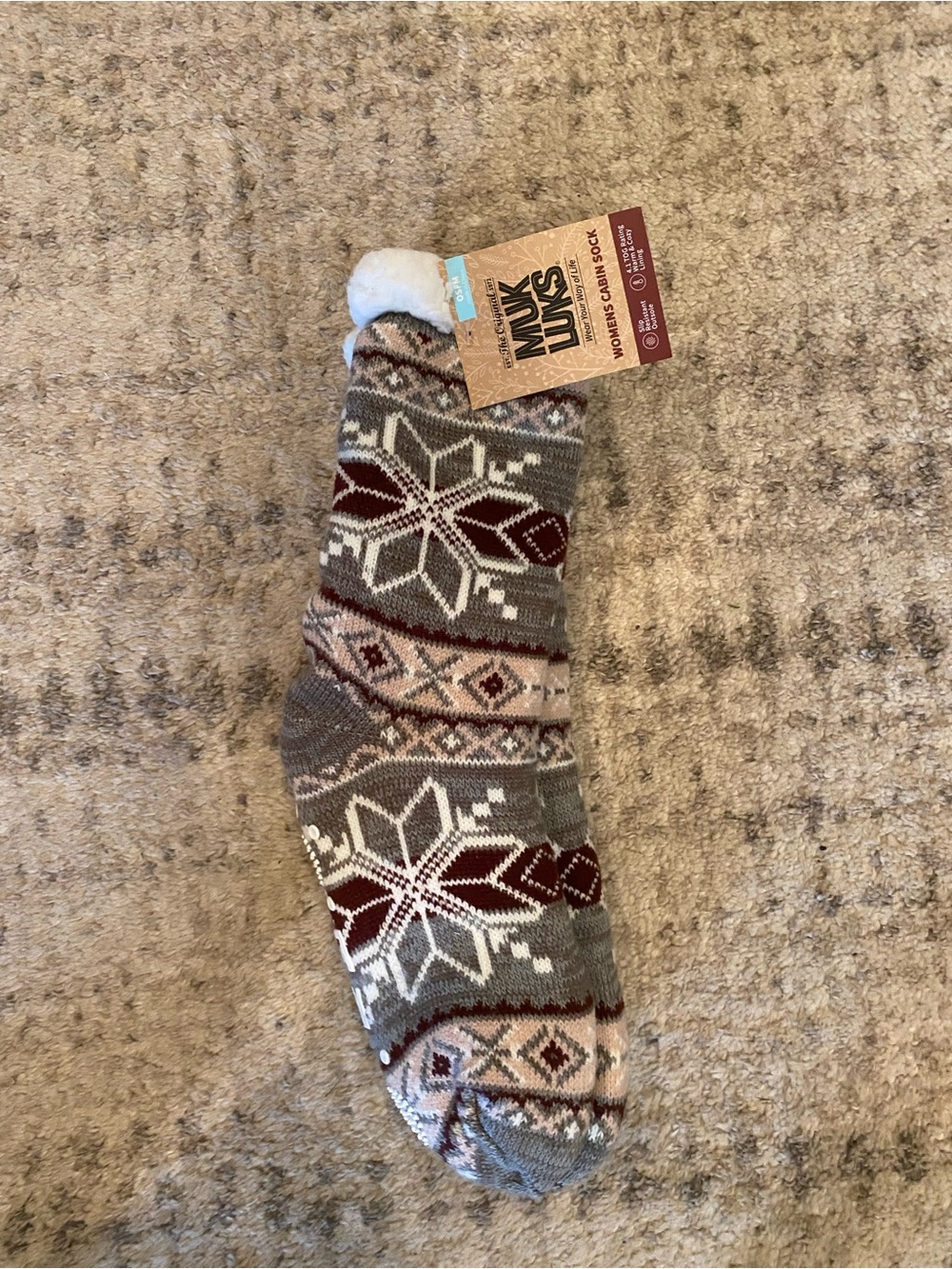 Muk Luks Gray & Burgundy Fair Isle Plush Cabin Sock